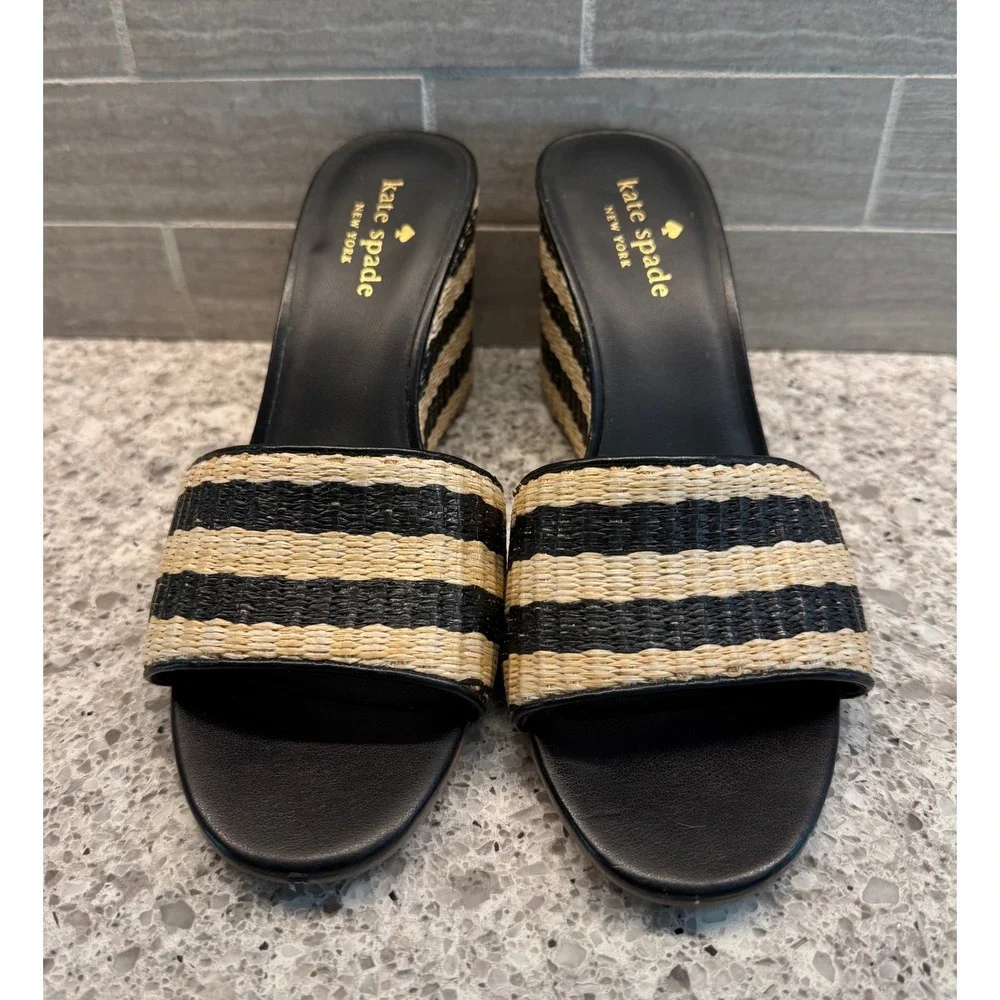 Kate Spade NY Linda Wedge Sandals Black Cream Striped Raffia & Leather Size 6.5M